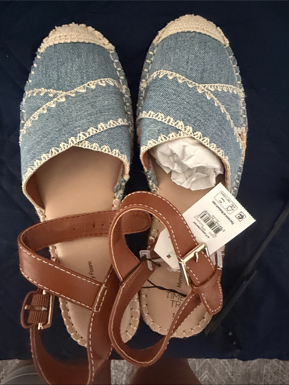 Casual Denim Espadrille Sandals with Brown Ankle Strap